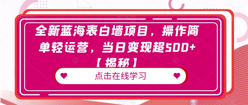 全新蓝海表白墙项目，操作简单轻运营，当日变现超500+[揭秘]网赚教程-副业赚钱-互联网创业-手机赚钱-网赚项目-98副业网-精品课程-知识付费-网赚创业网98副业网